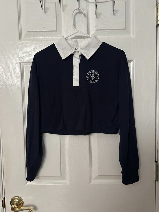 Charlotte Russe Tops - Charlotte Russe Navy Blue Polo Shirt Women's Small Cropped Long Sleeve